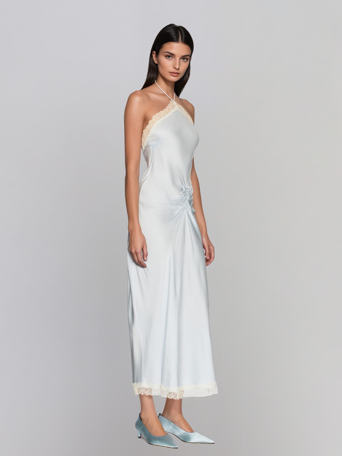 Ryndral Halterneck Lace Ruched Maxi Dress