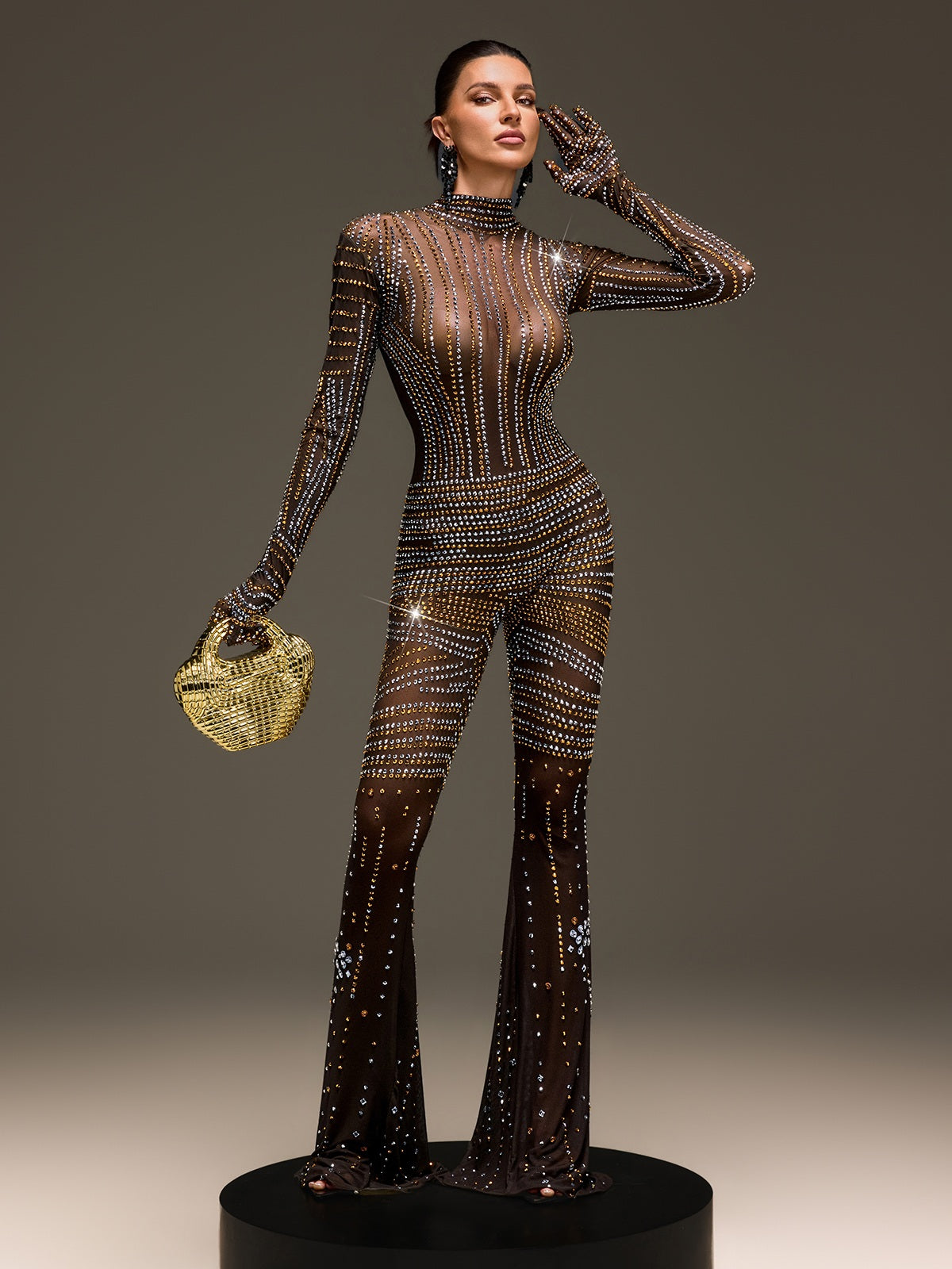 Ryvenor Long Sleeve Rhinestone Mesh Jumpsuit