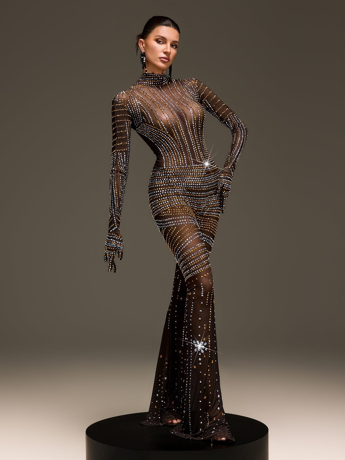 Ryvenor Long Sleeve Rhinestone Mesh Jumpsuit
