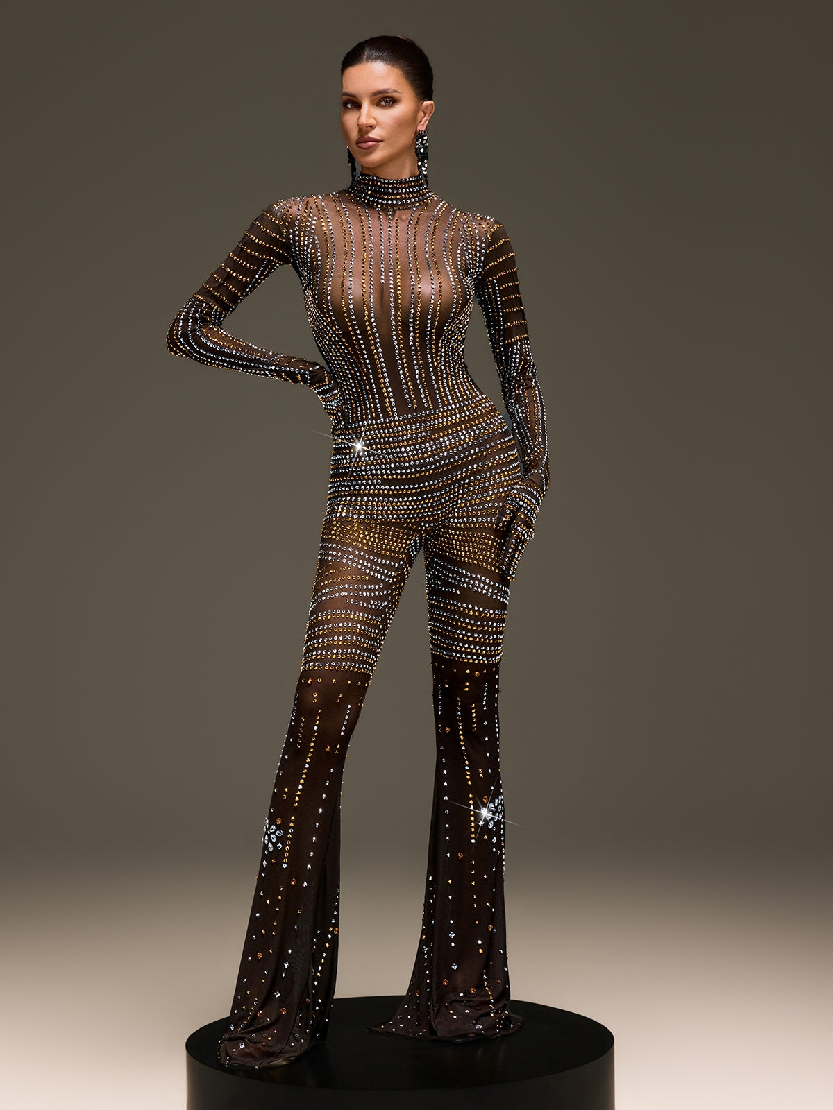 Ryvenor Long Sleeve Rhinestone Mesh Jumpsuit