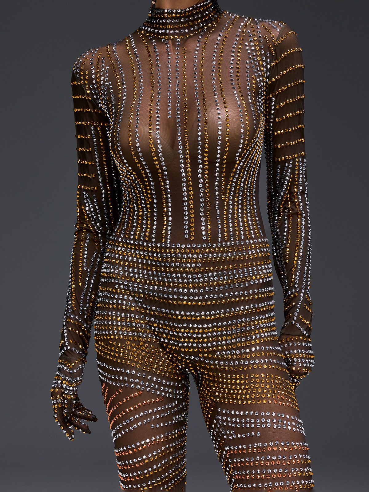 Ryvenor Long Sleeve Rhinestone Mesh Jumpsuit
