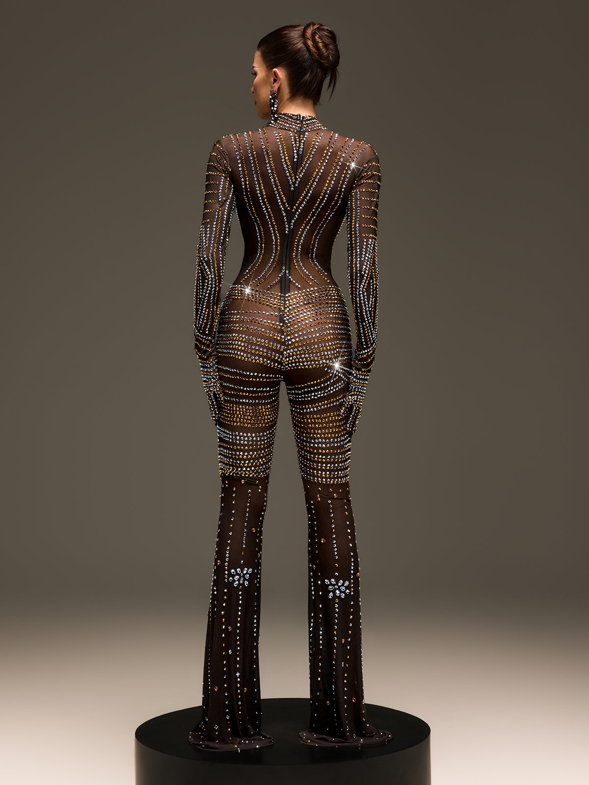 Ryvenor Long Sleeve Rhinestone Mesh Jumpsuit