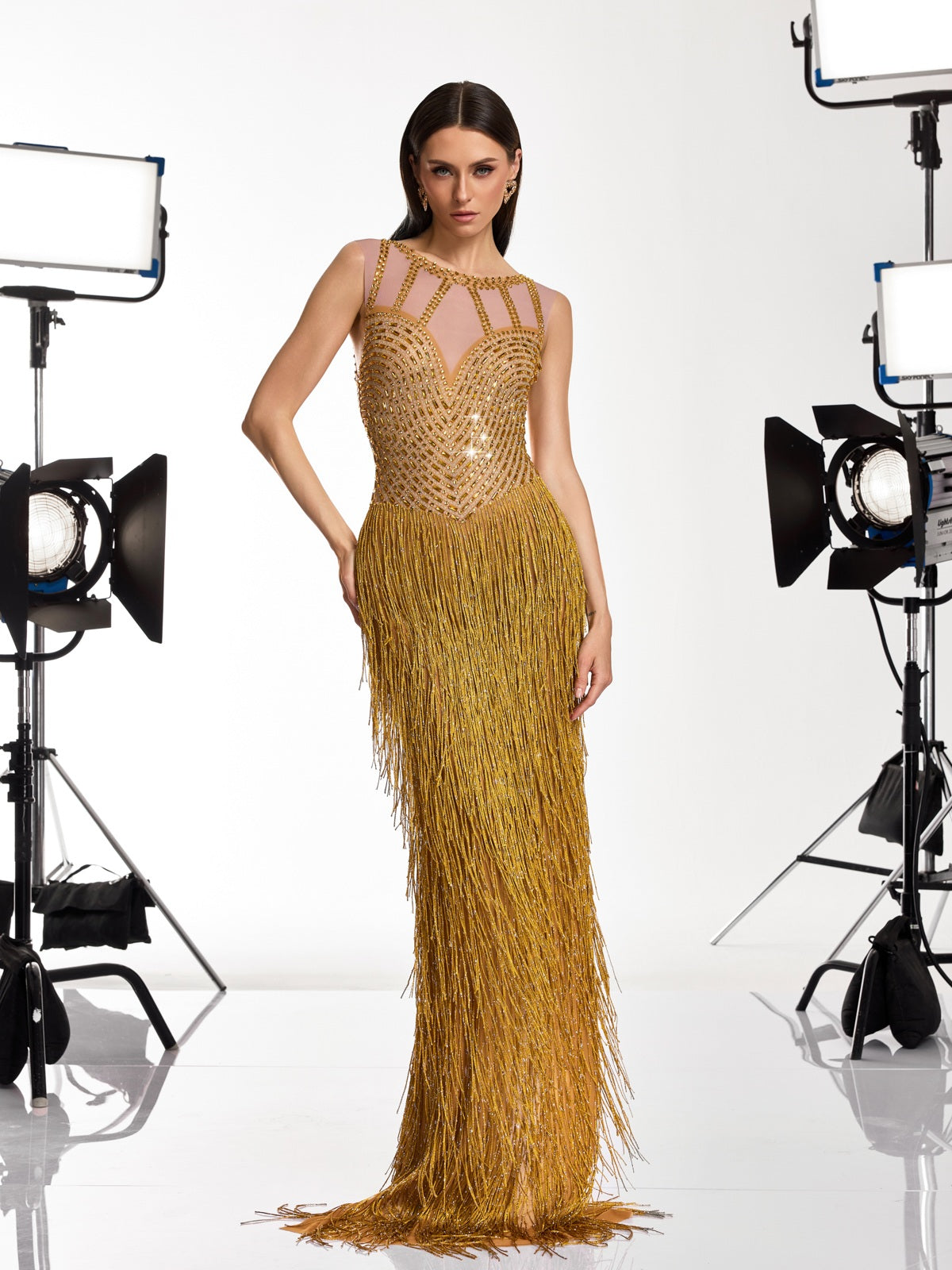 Saelyvira Fringe Rhinestone Maxi Dress In Gold