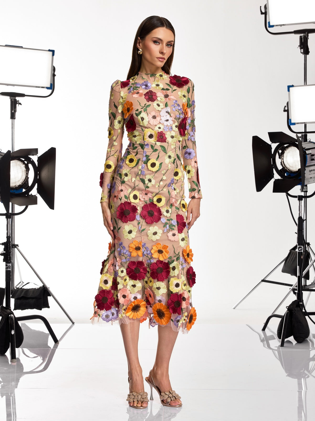Saige Long Sleeve Mesh Flower Mermaid Dress In Blush