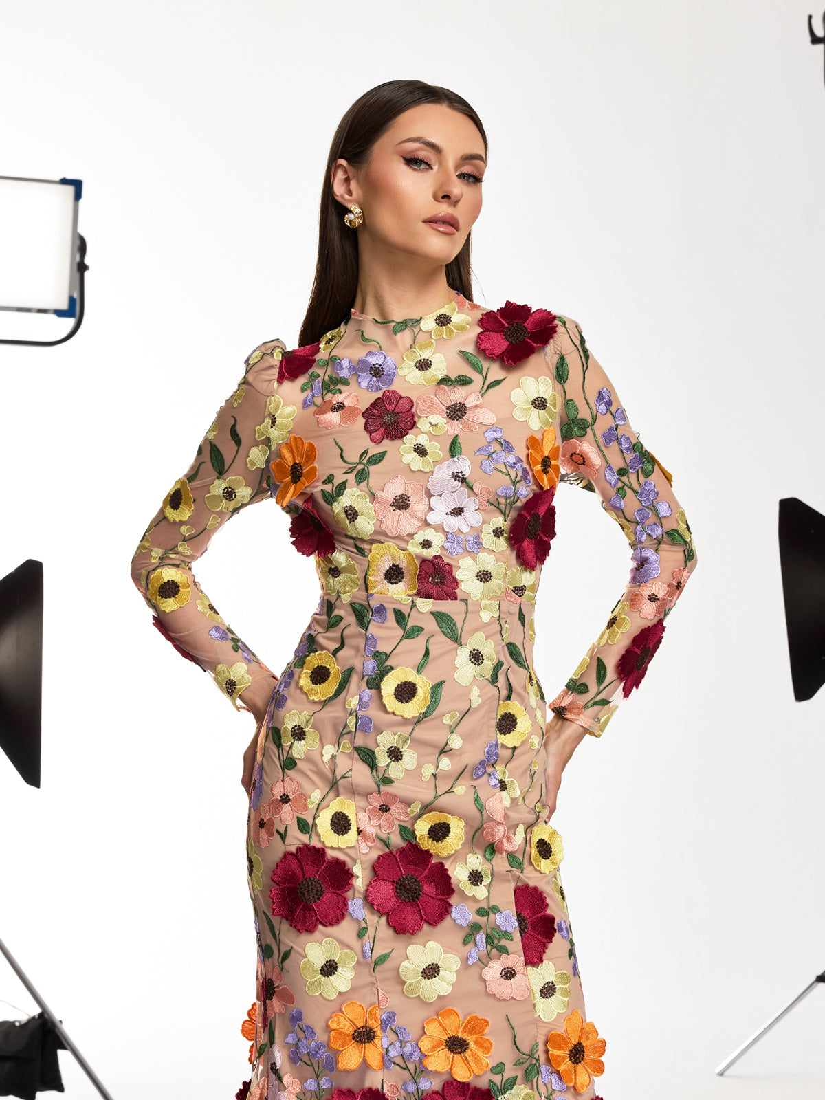 Saige Long Sleeve Mesh Flower Mermaid Dress In Blush