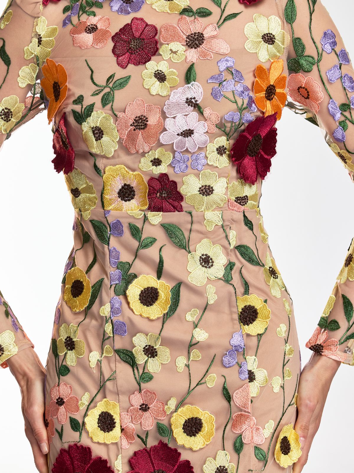 Saige Long Sleeve Mesh Flower Mermaid Dress In Blush