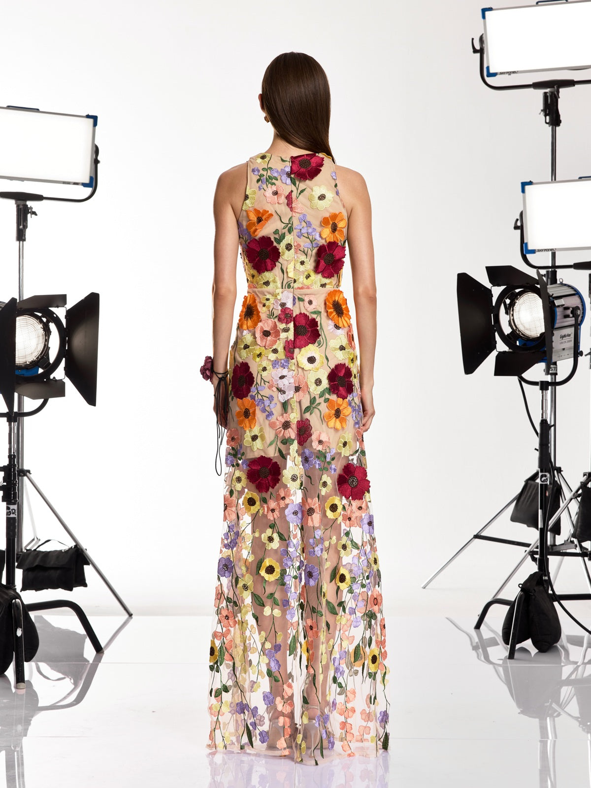 Saige Sleeveless Mesh Flower Maxi Dress In Blush