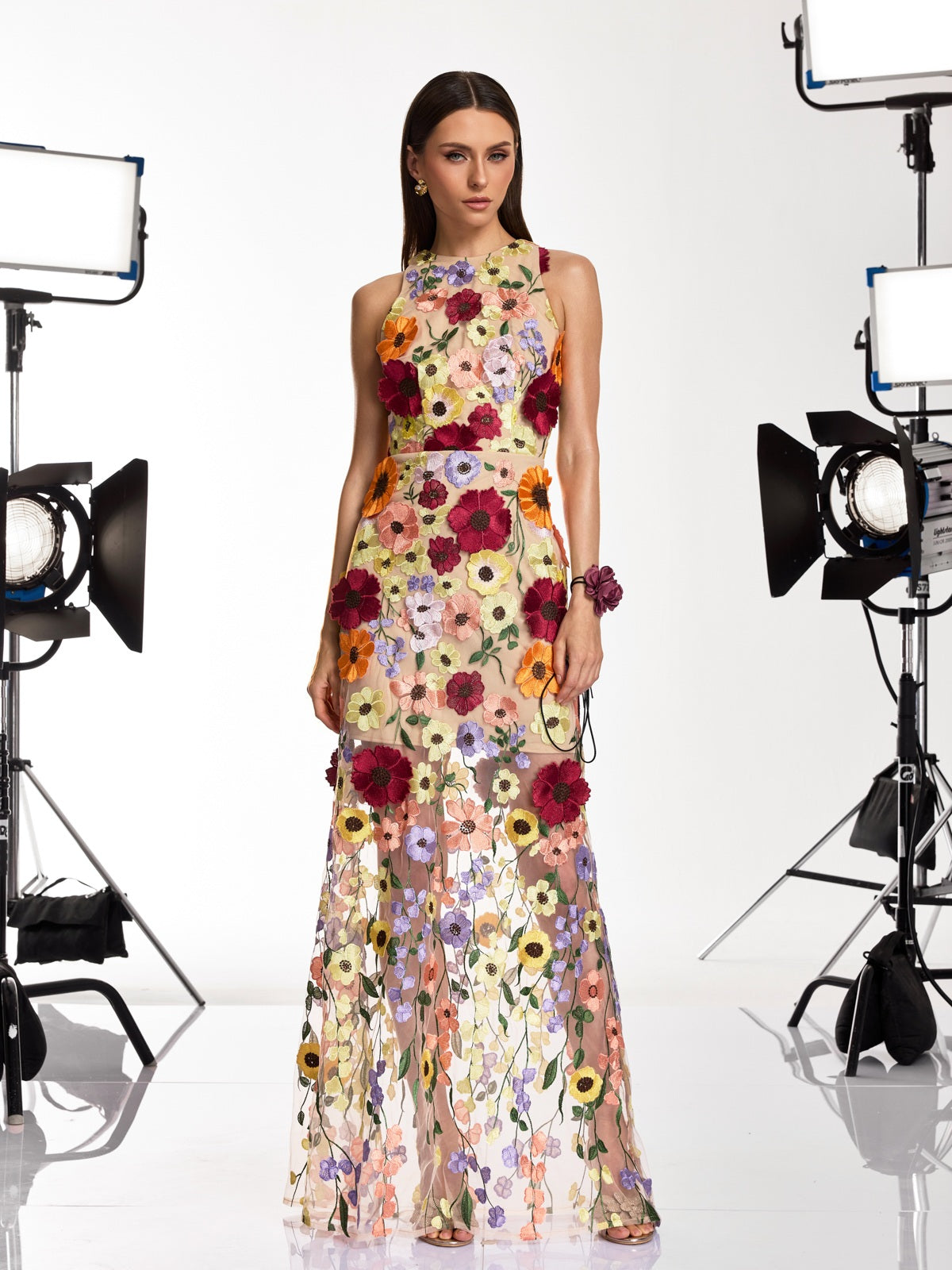 Saige Sleeveless Mesh Flower Maxi Dress In Blush