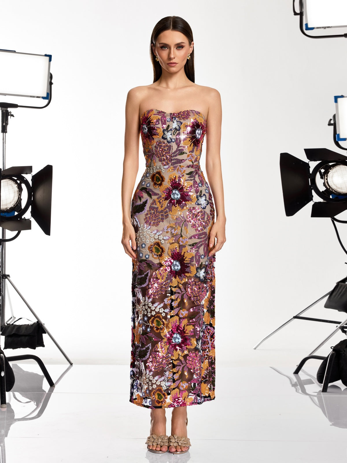 Saige Strapless Flower Embroidered Sequin Dress