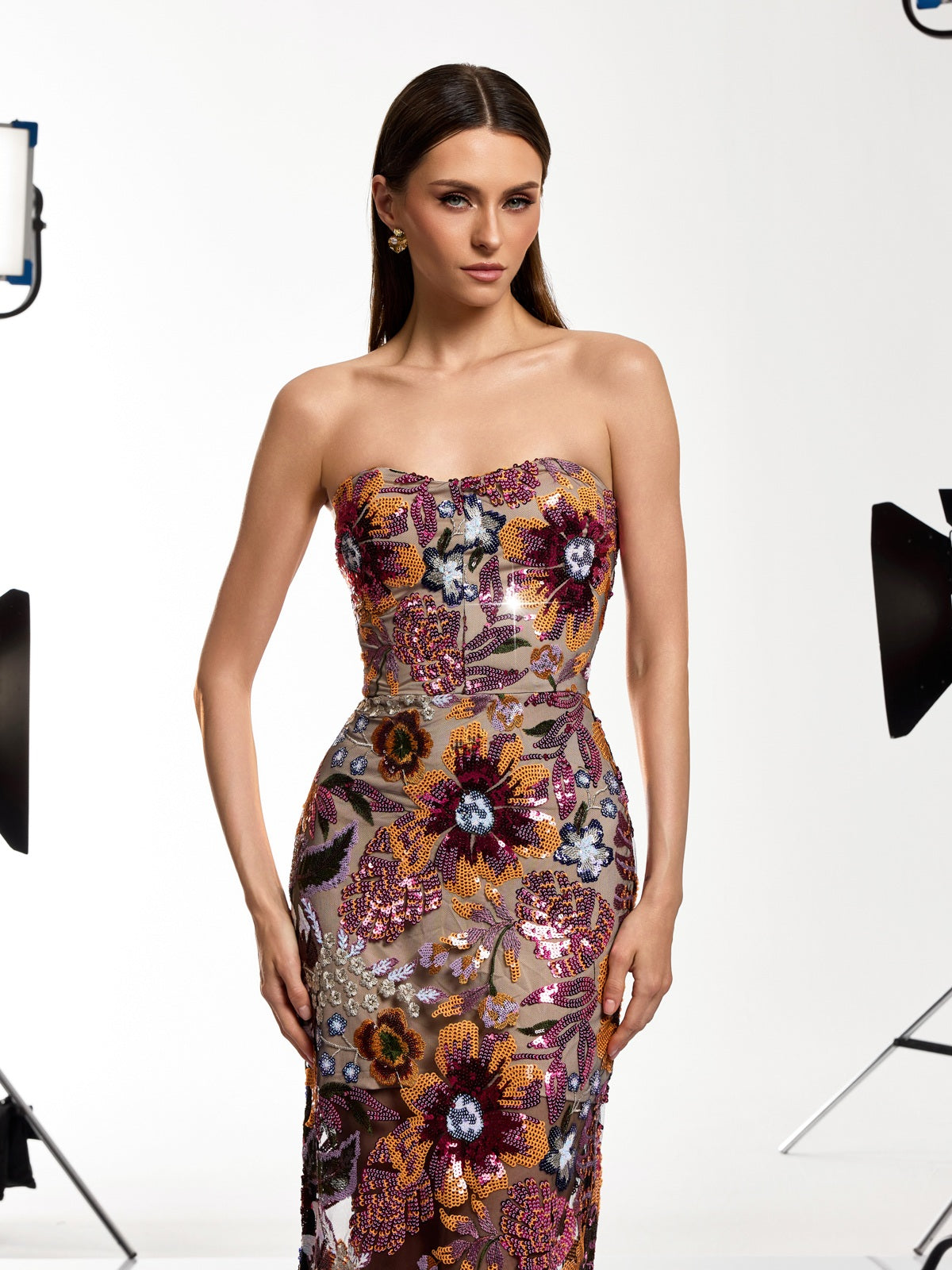 Saige Strapless Flower Embroidered Sequin Dress
