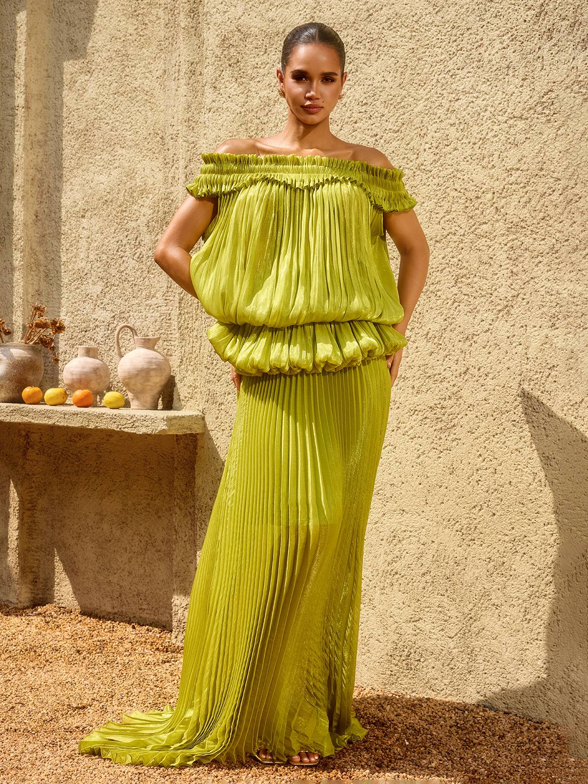 Salyxen Off Shoulder Maxi Skirt Set In Chartreuse