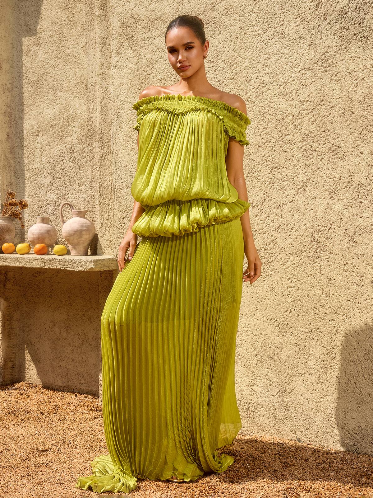 Salyxen Off Shoulder Maxi Skirt Set In Chartreuse