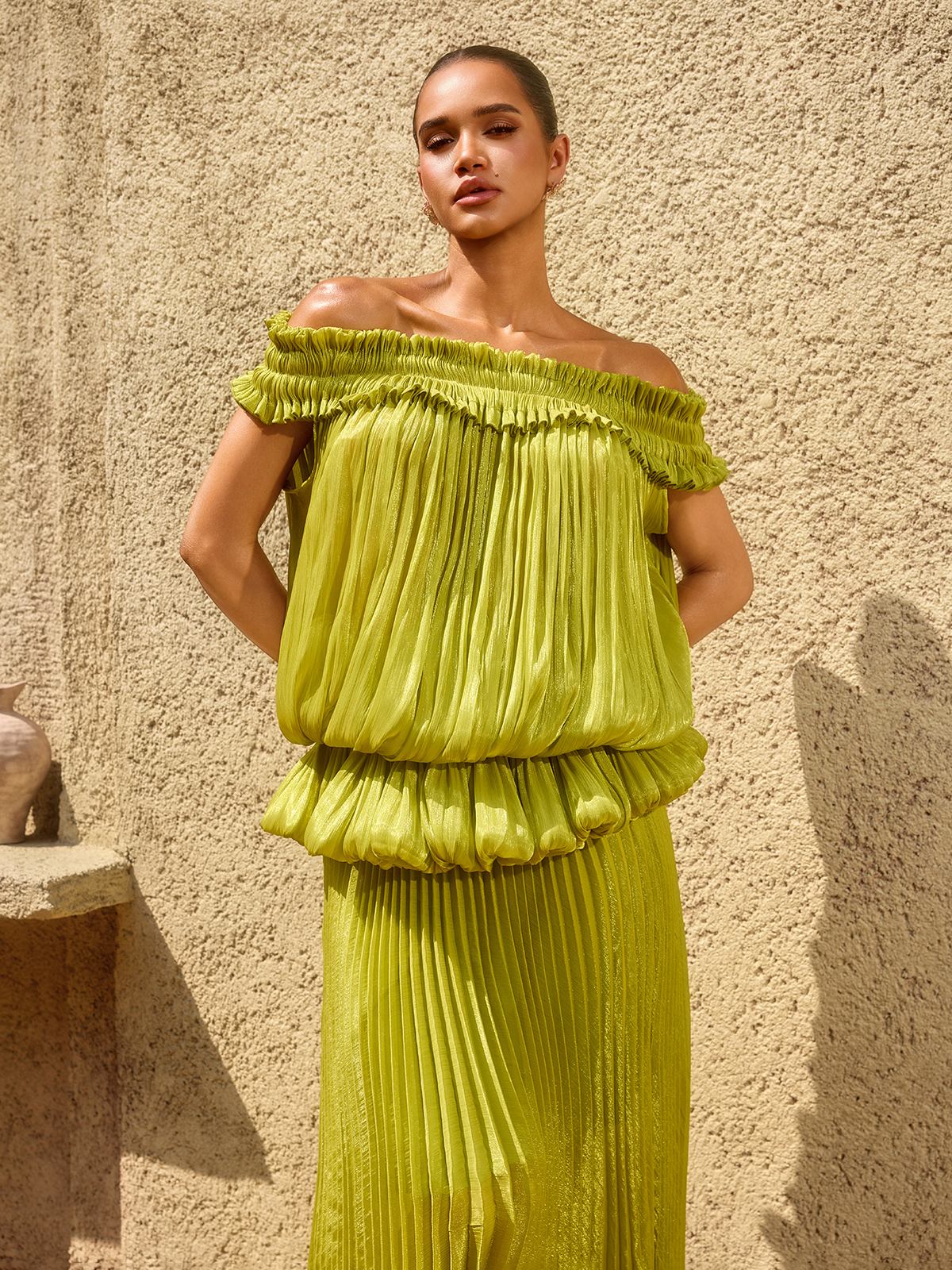 Salyxen Off Shoulder Maxi Skirt Set In Chartreuse