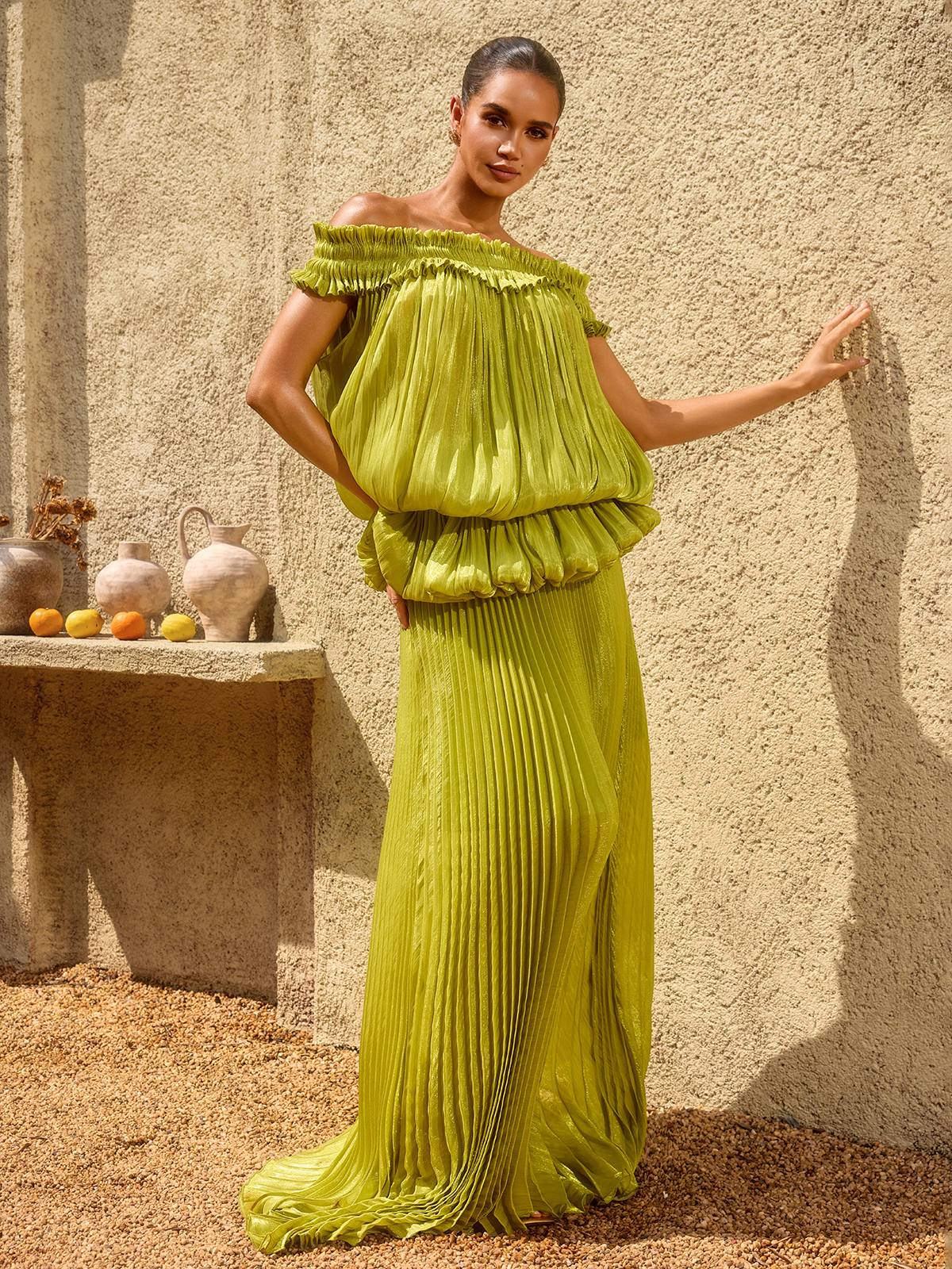 Salyxen Off Shoulder Maxi Skirt Set In Chartreuse