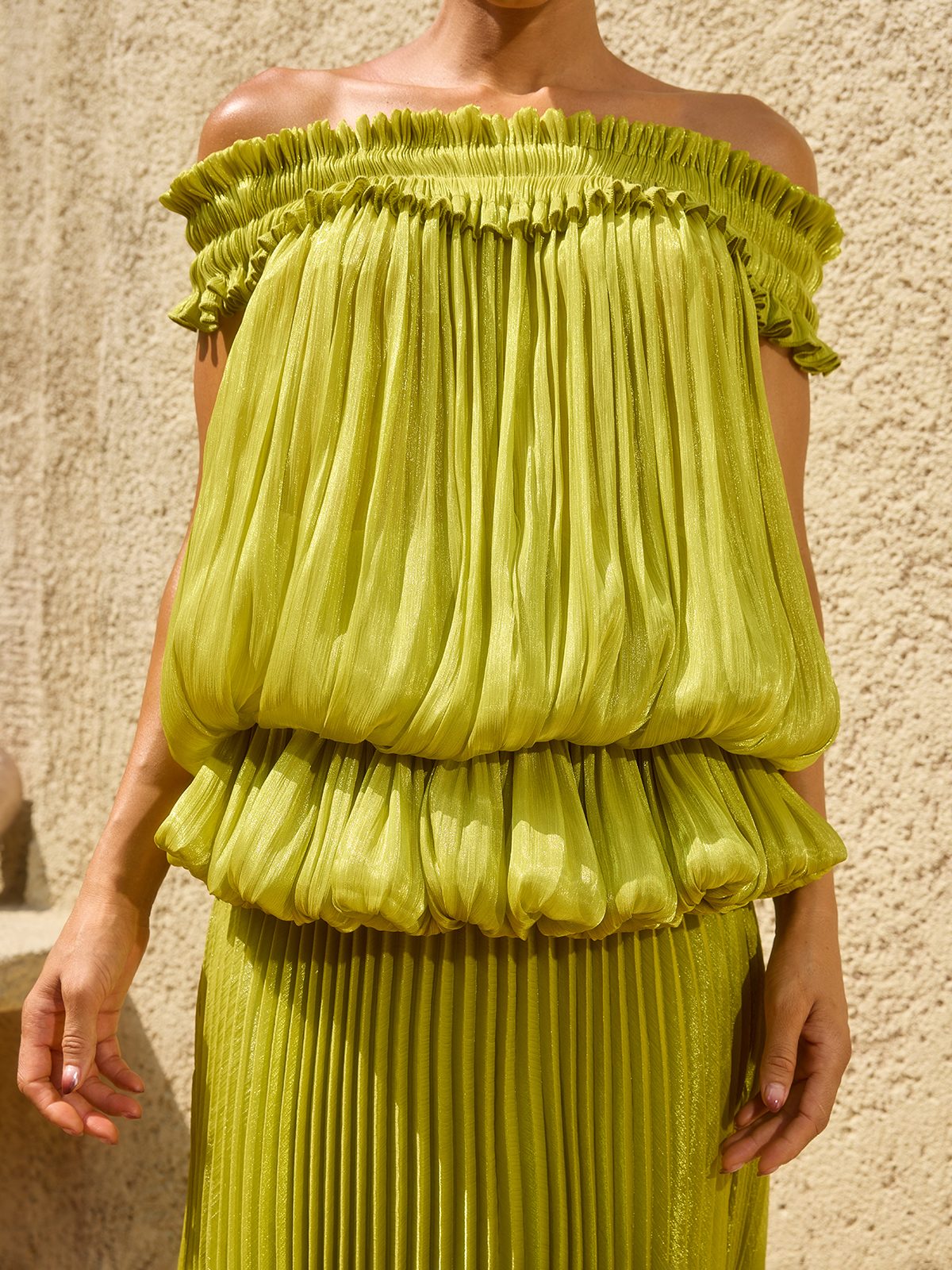 Salyxen Off Shoulder Maxi Skirt Set In Chartreuse