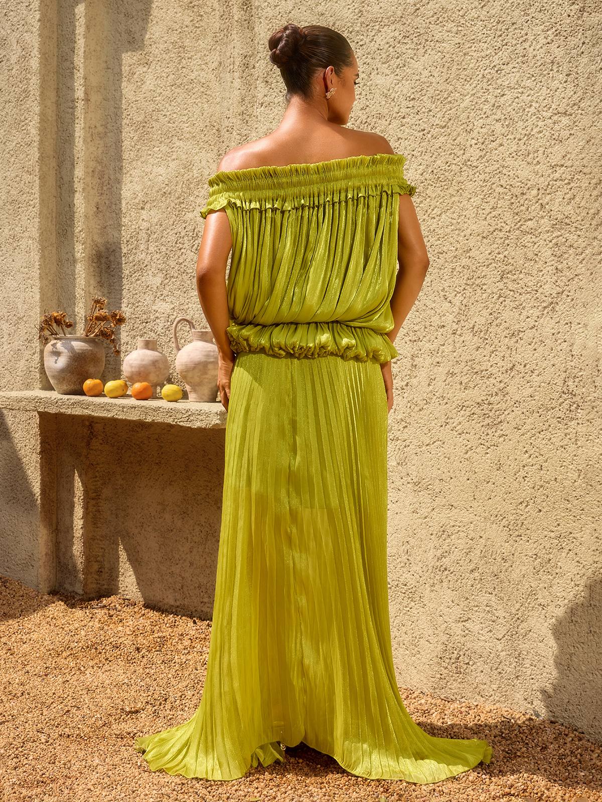 Salyxen Off Shoulder Maxi Skirt Set In Chartreuse
