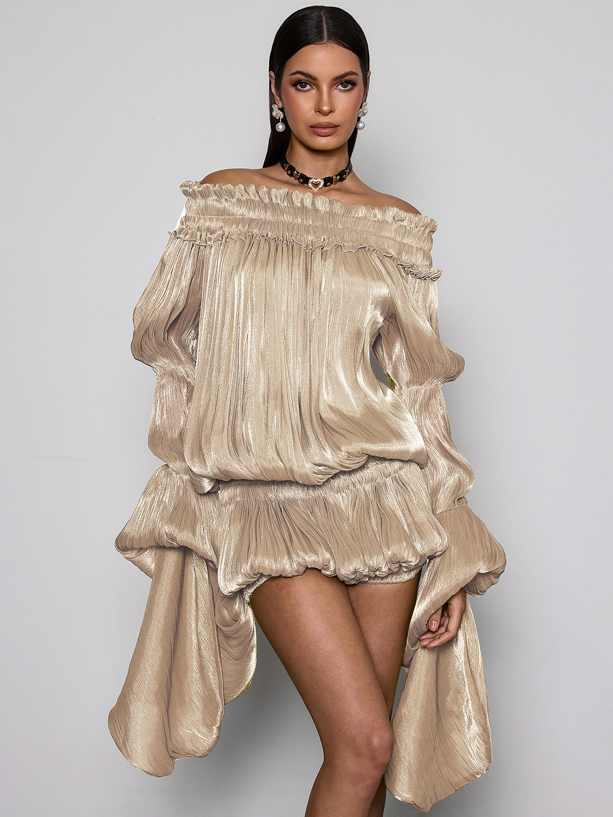 Salyxen Off Shoulder Ruched Dress Set In Apricot