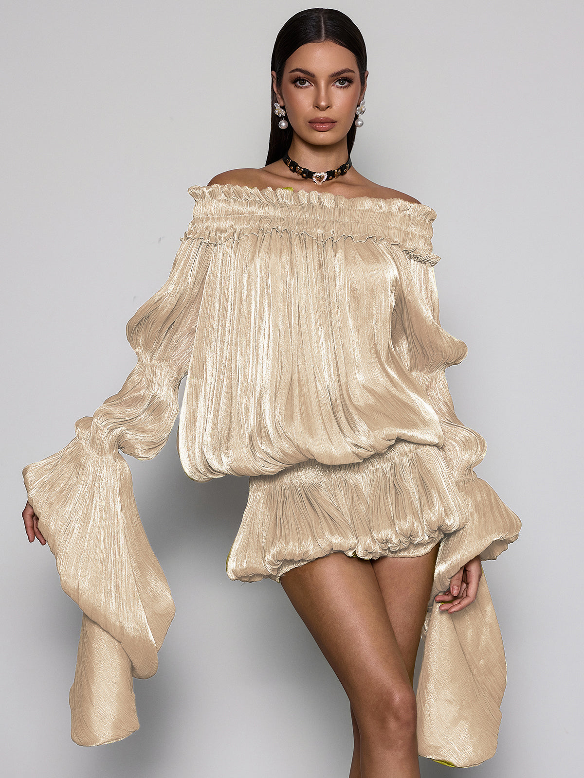 Salyxen Off Shoulder Ruched Dress Set In Apricot