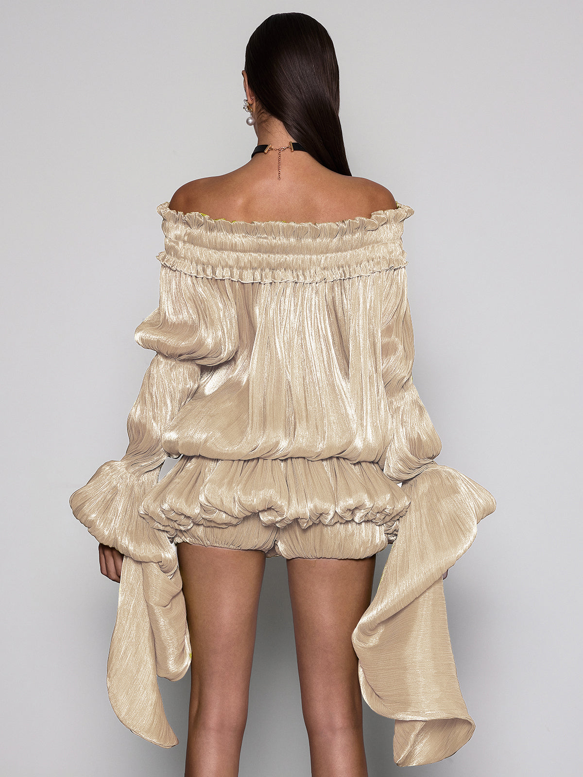 Salyxen Off Shoulder Ruched Dress Set In Apricot