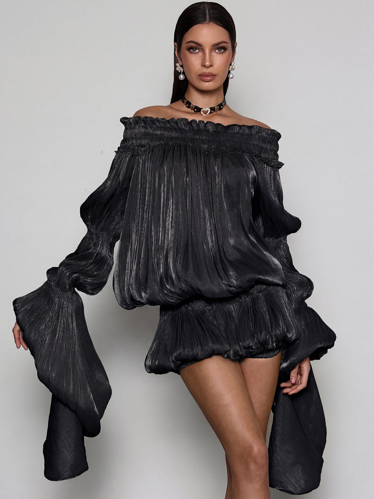 Salyxen Off Shoulder Ruched Dress Set In Black