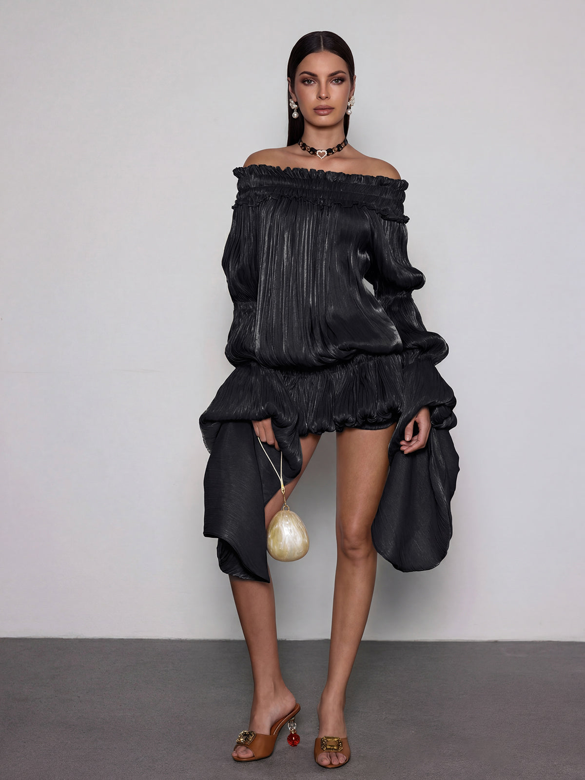 Salyxen Off Shoulder Ruched Dress Set In Black