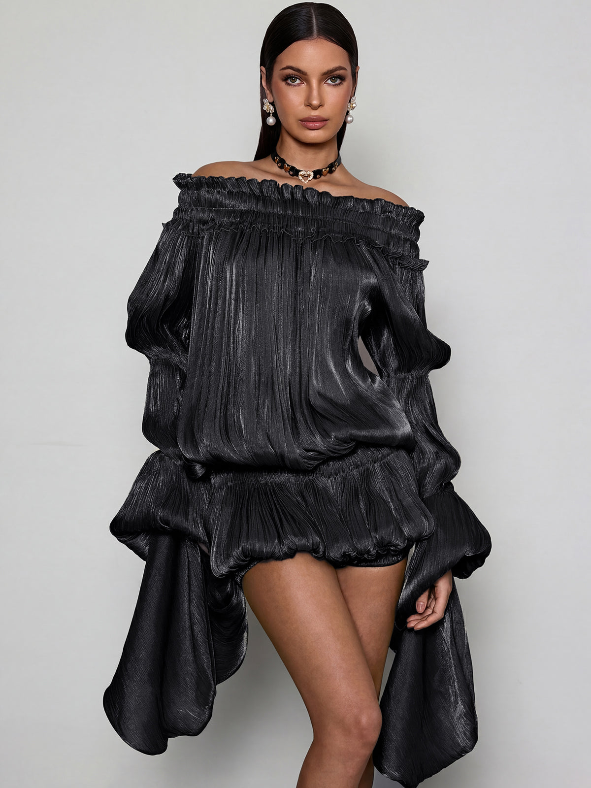 Salyxen Off Shoulder Ruched Dress Set In Black