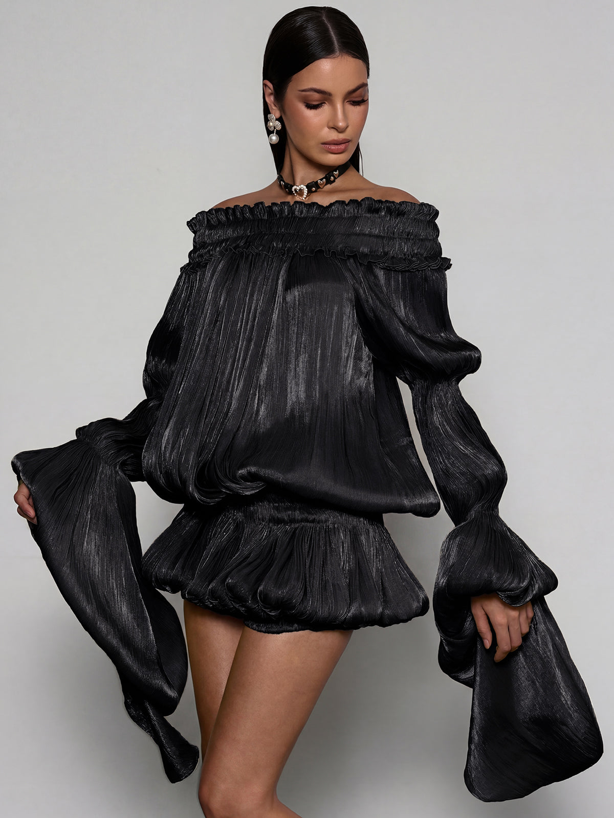Salyxen Off Shoulder Ruched Dress Set In Black