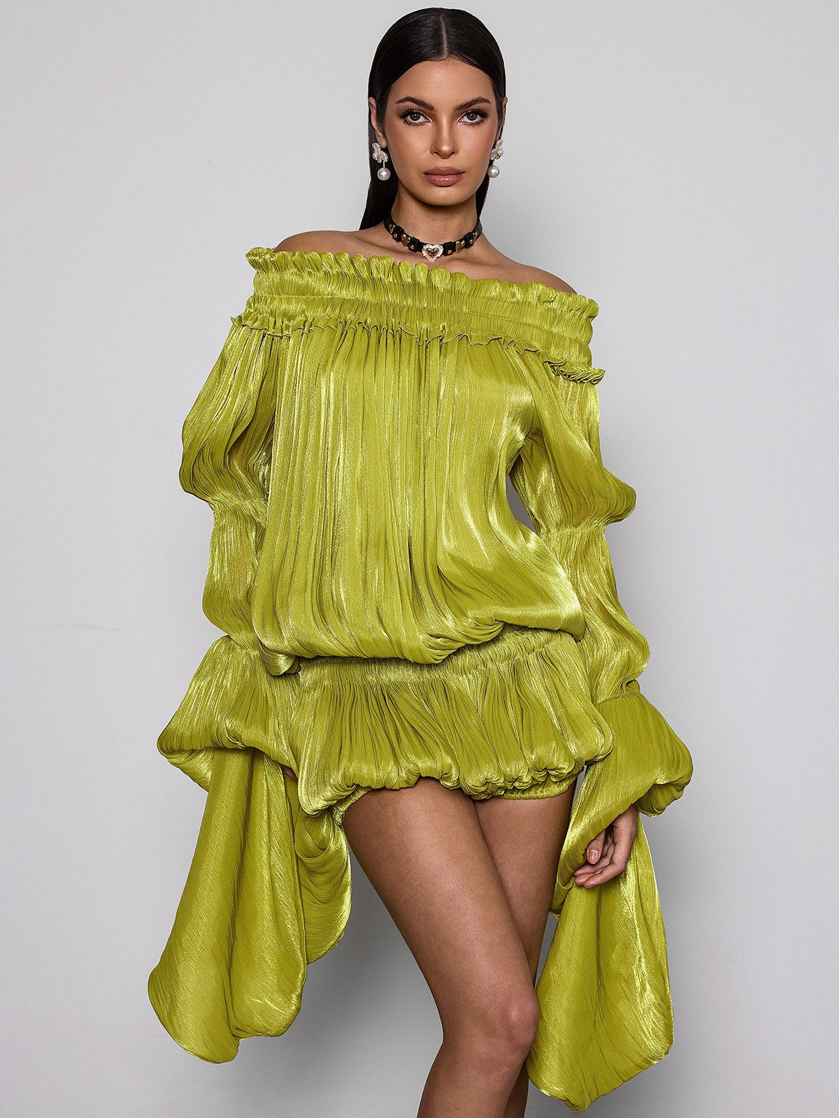 Salyxen Off Shoulder Ruched Dress Set In Chartreuse