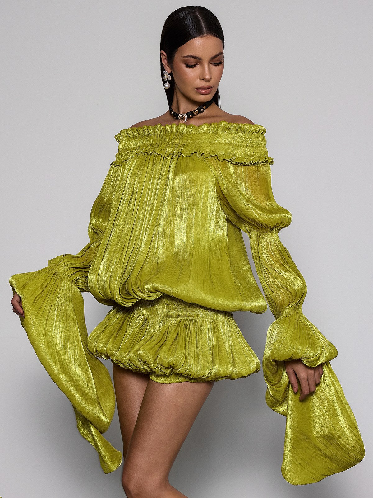 Salyxen Off Shoulder Ruched Dress Set In Chartreuse