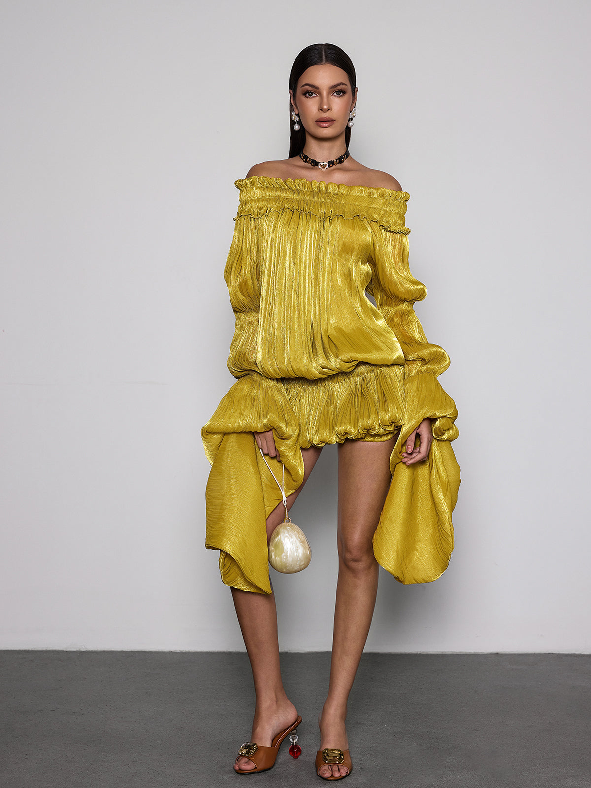 Salyxen Off Shoulder Ruched Dress Set In Yellow