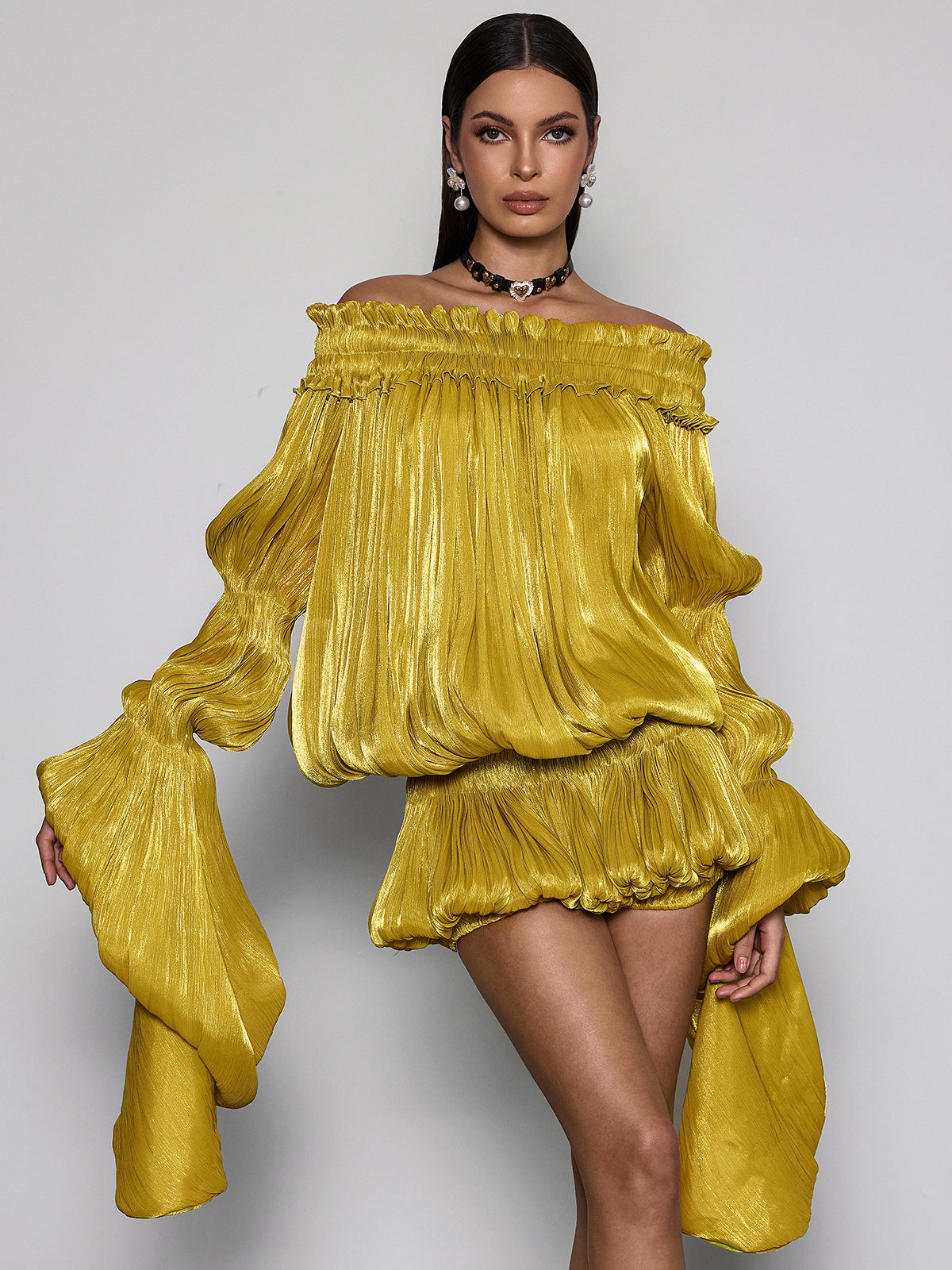 Salyxen Off Shoulder Ruched Dress Set In Yellow