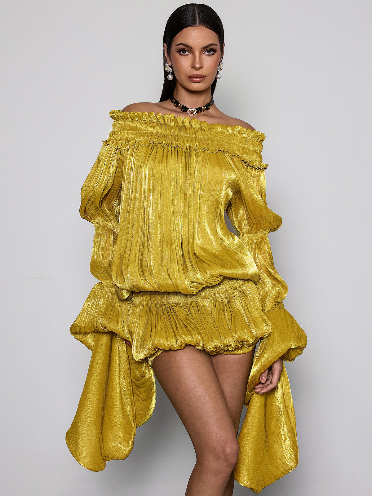 Salyxen Off Shoulder Ruched Dress Set In Yellow