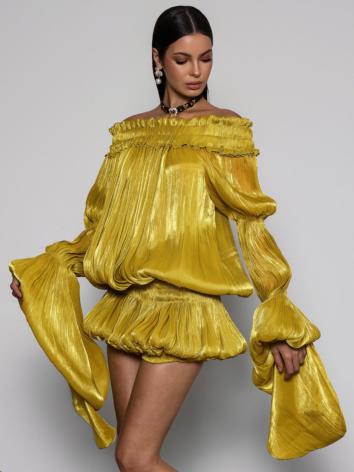 Salyxen Off Shoulder Ruched Dress Set In Yellow
