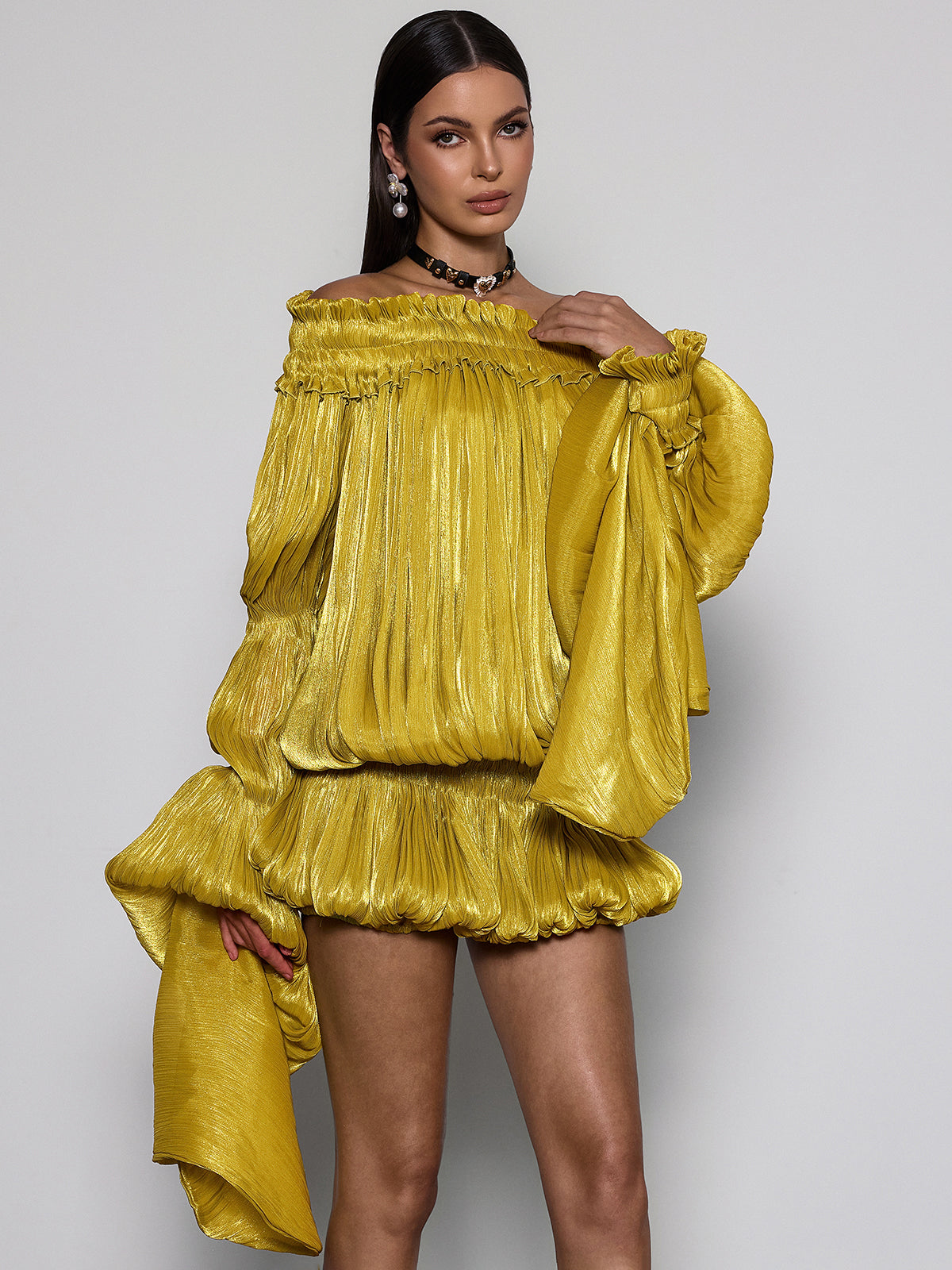 Salyxen Off Shoulder Ruched Dress Set In Yellow