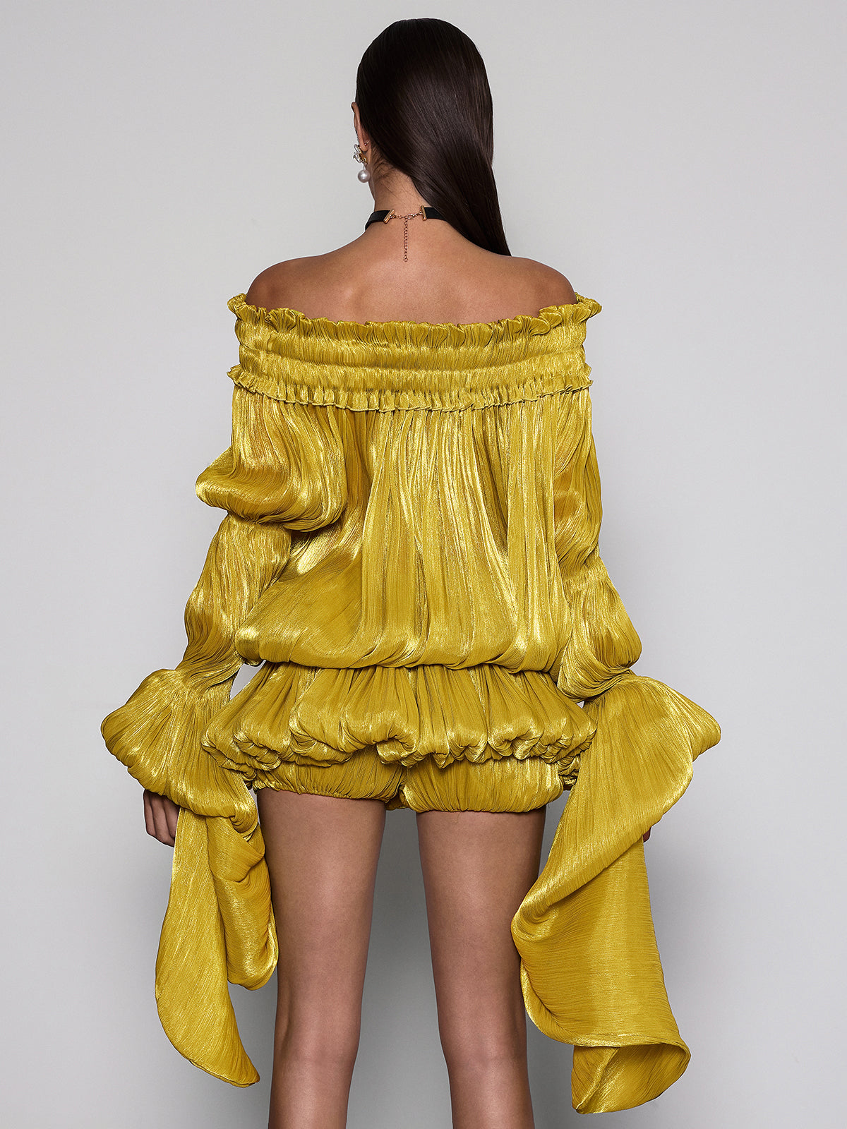 Salyxen Off Shoulder Ruched Dress Set In Yellow