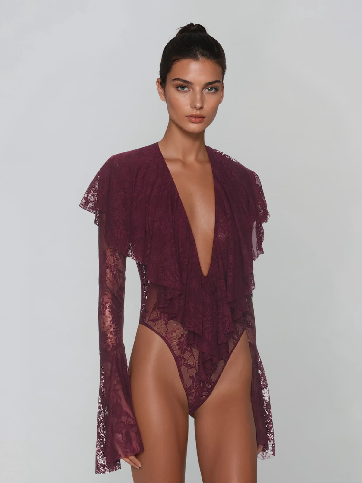 Sarnix V Neck Ruffle Lace Bodysuit In Wine