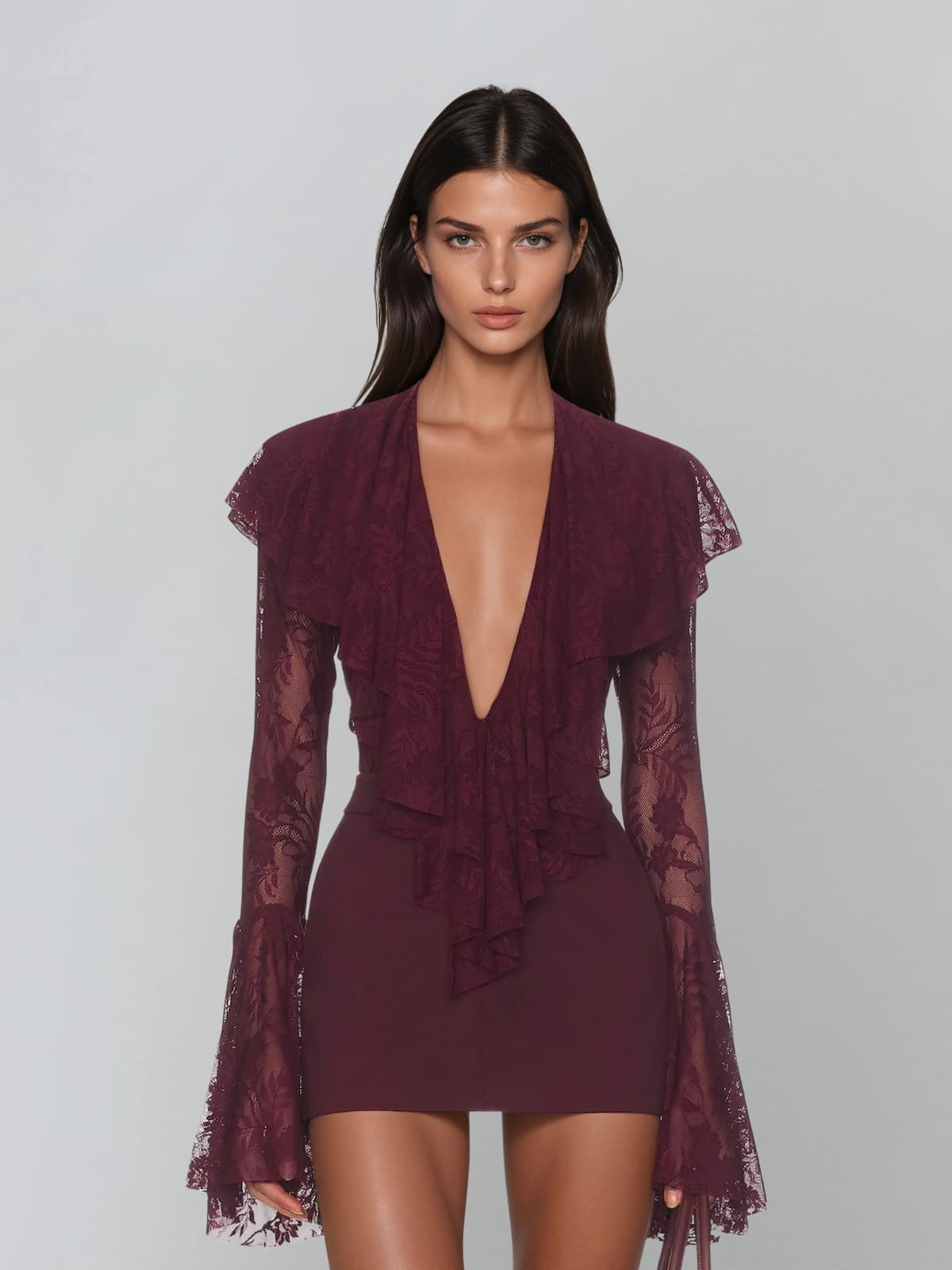 Sarnix V Neck Ruffle Lace Bodysuit In Wine