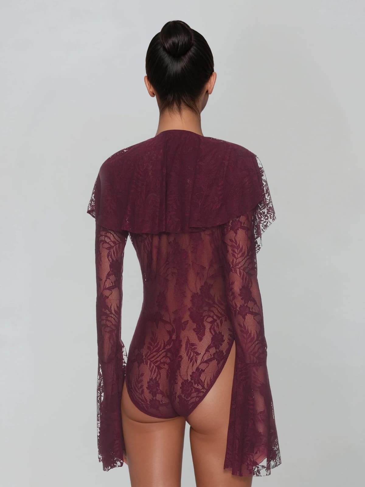 Sarnix V Neck Ruffle Lace Bodysuit In Wine