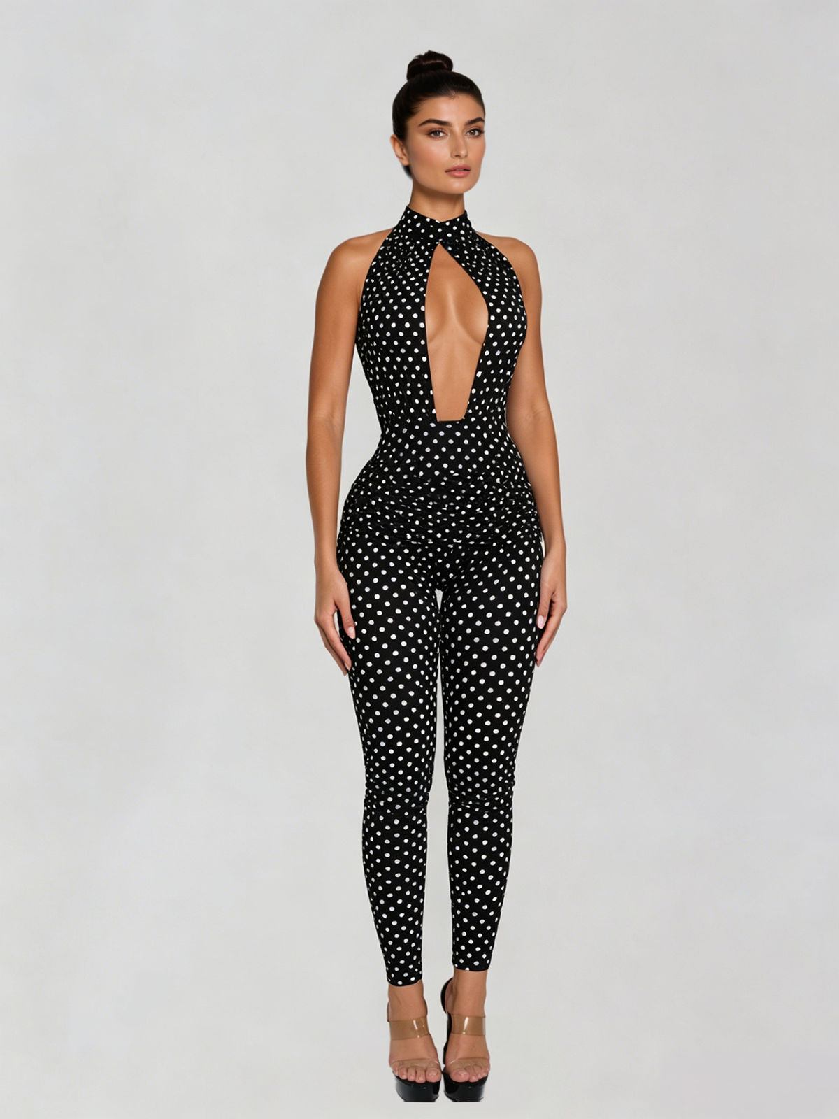 Selvaron Halterneck Dot Cutout Jumpsuit In Black