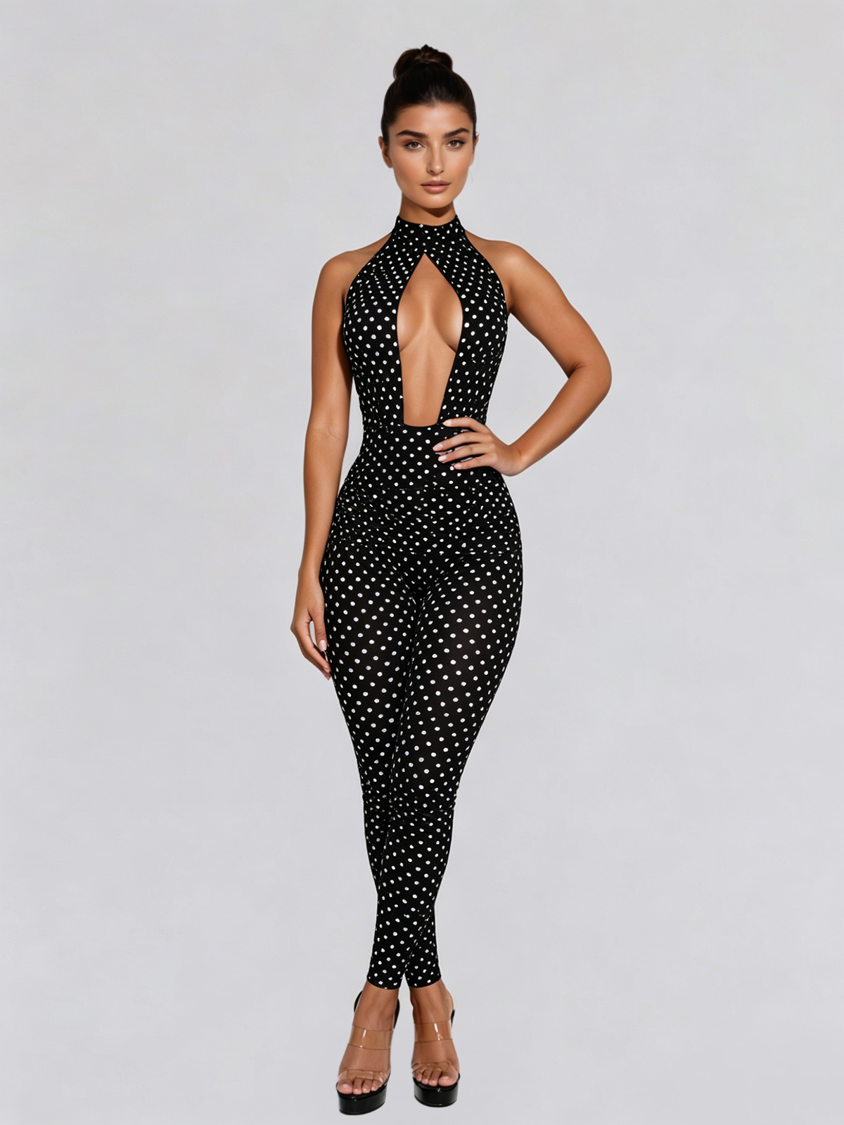 Selvaron Halterneck Dot Cutout Jumpsuit In Black