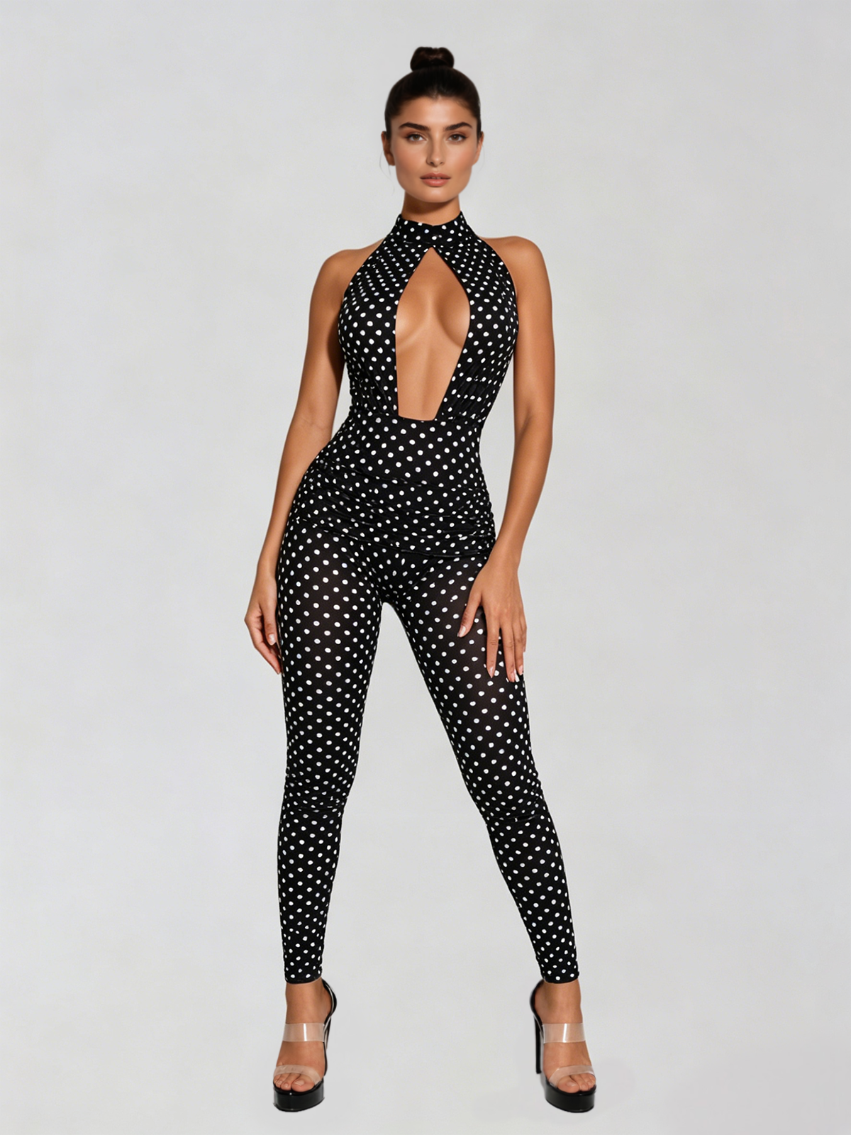 Selvaron Halterneck Dot Cutout Jumpsuit In Black