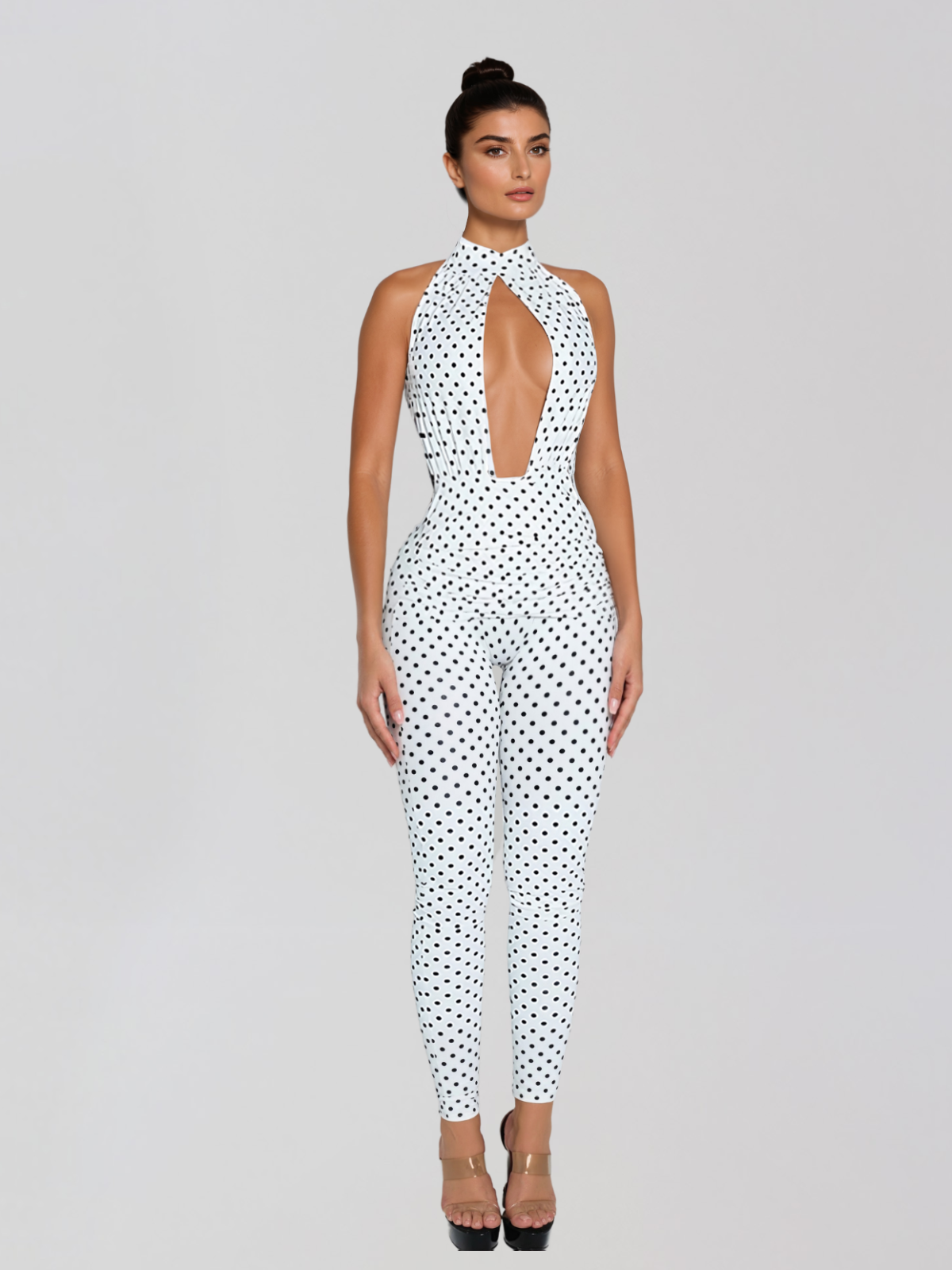 Selvaron Halterneck Dot Cutout Jumpsuit In White