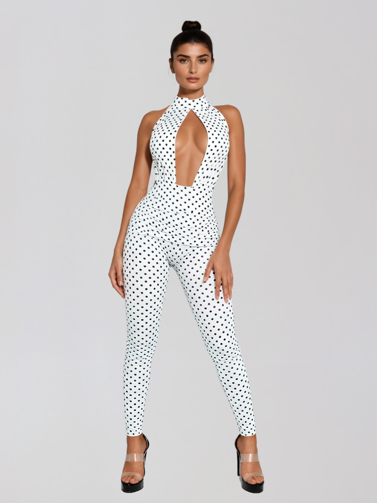 Selvaron Halterneck Dot Cutout Jumpsuit In White
