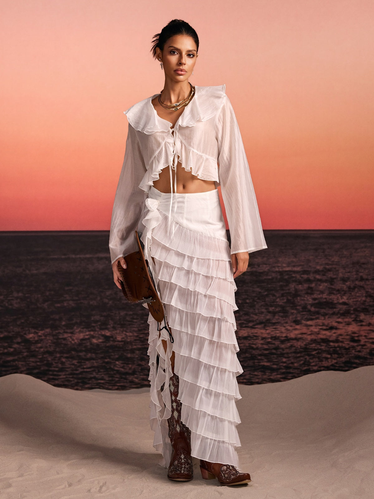 Selvor Ruffle Tiered Split Skirt Set