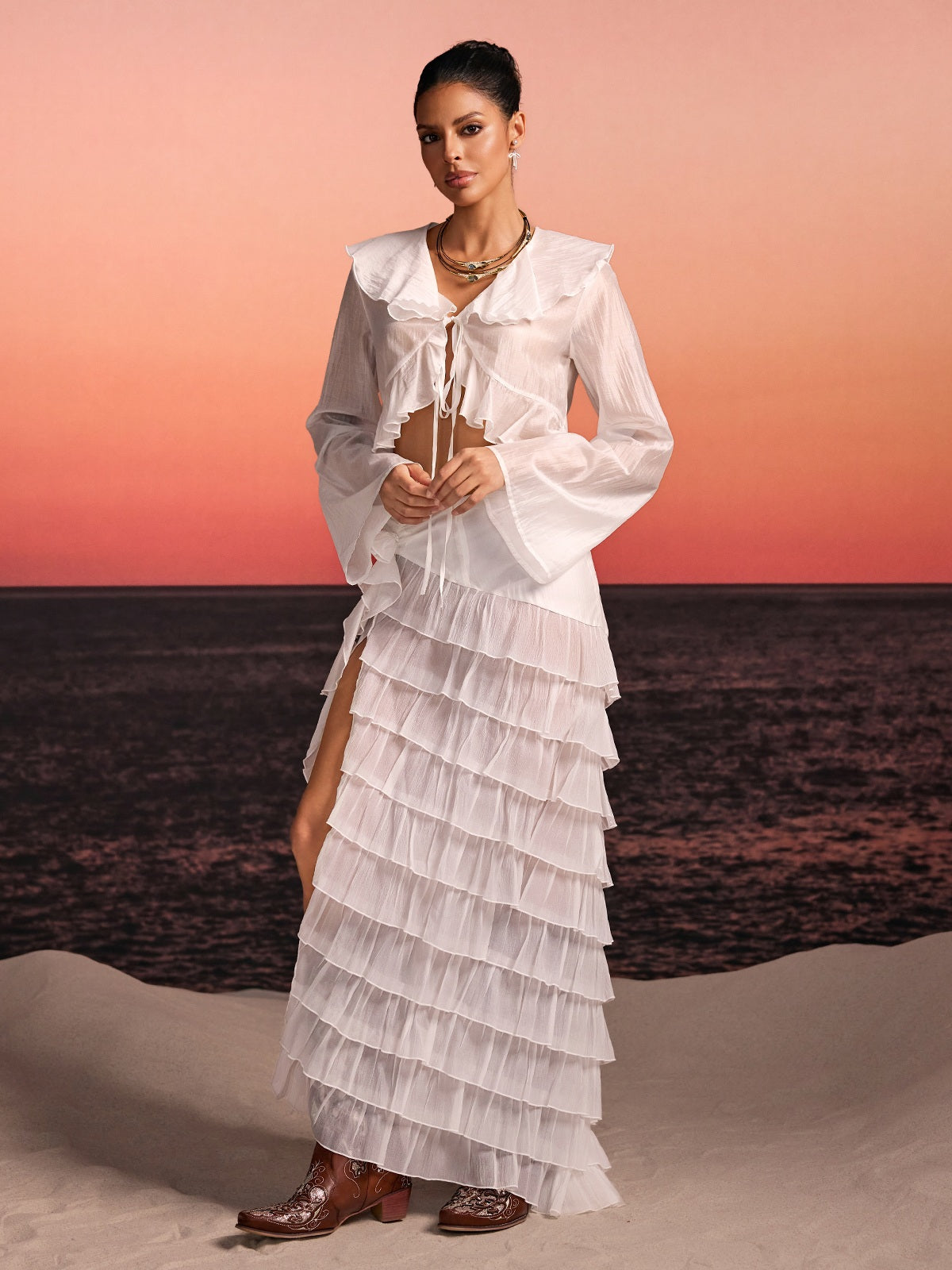 Selvor Ruffle Tiered Split Skirt Set