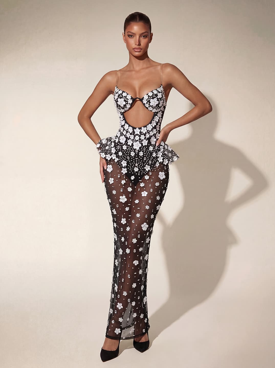 Sorel Mesh Cutout Flower Maxi Dress