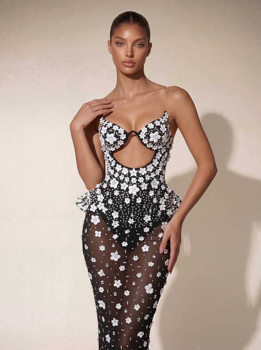 Sorel Mesh Cutout Flower Maxi Dress