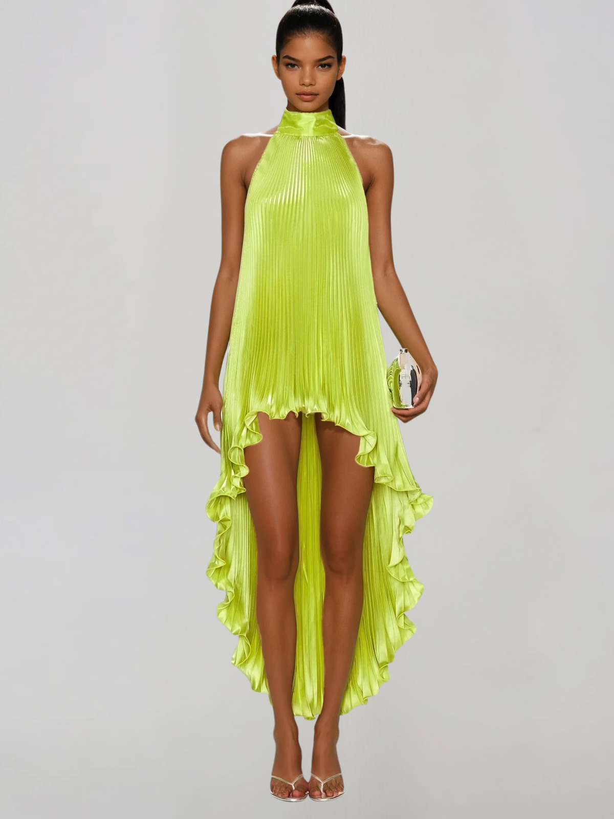 Sorynex High Neck Pleated Metallic Dress In Chartreuse