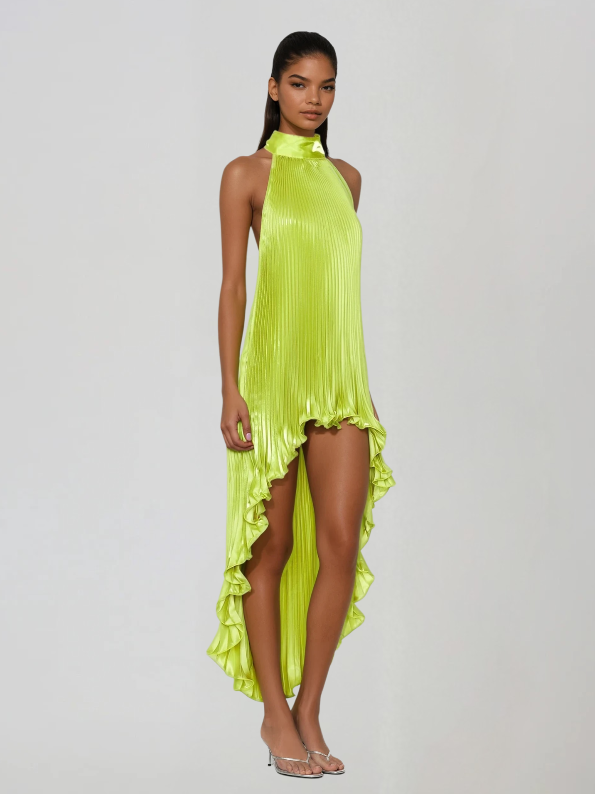 Sorynex High Neck Pleated Metallic Dress In Chartreuse