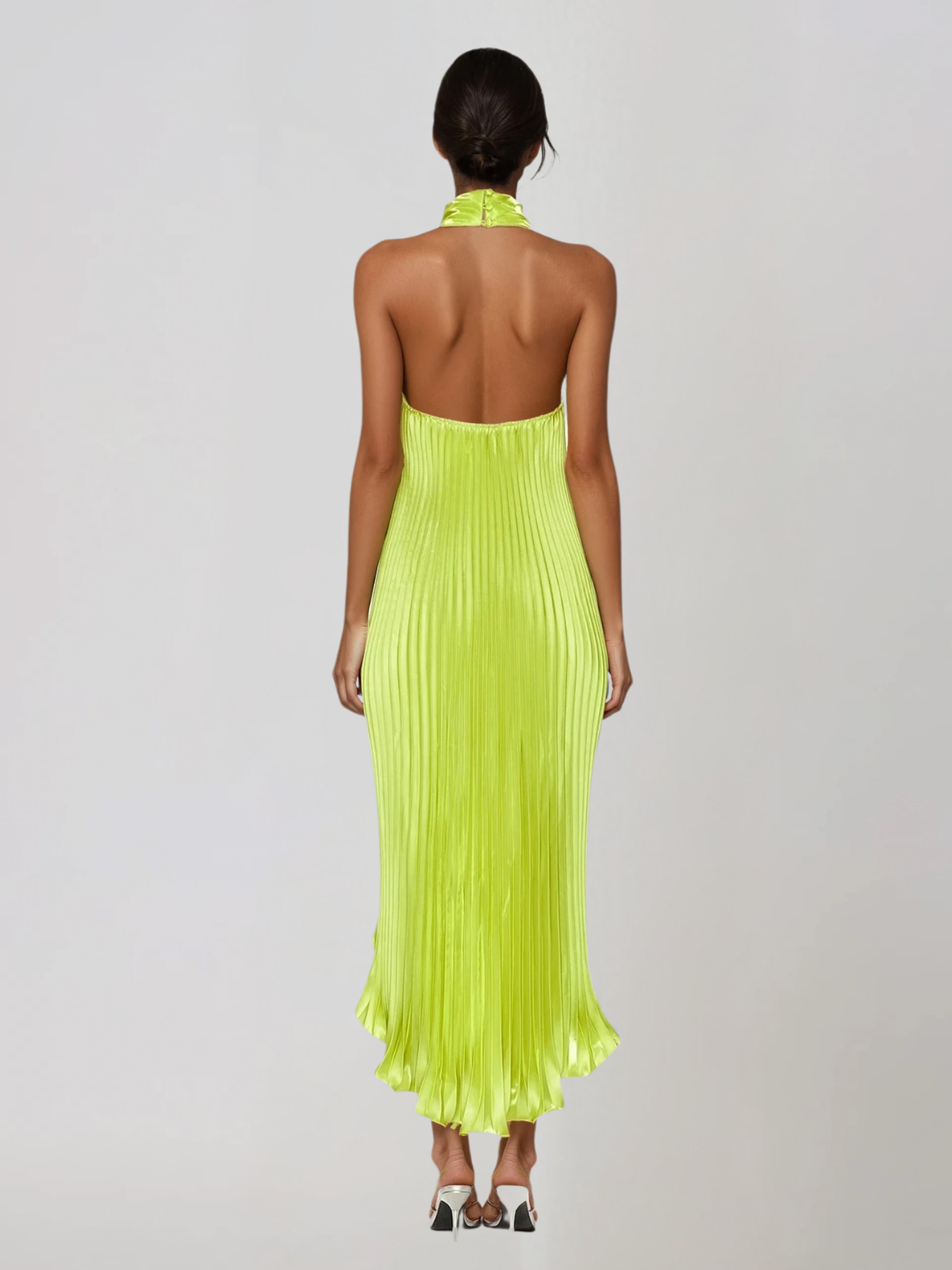 Sorynex High Neck Pleated Metallic Dress In Chartreuse